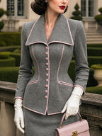 Vintage Grey Pink-Piped Wide-Collar Fitted Peplum Jacket