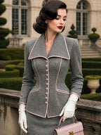 Vintage Grey Pink-Piped Wide-Collar Fitted Peplum Jacket