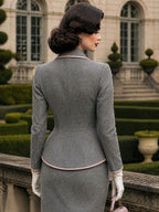Vintage Grey Pink-Piped Wide-Collar Fitted Peplum Jacket
