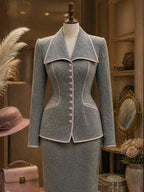 Vintage Grey Pink-Piped Wide-Collar Fitted Peplum Jacket