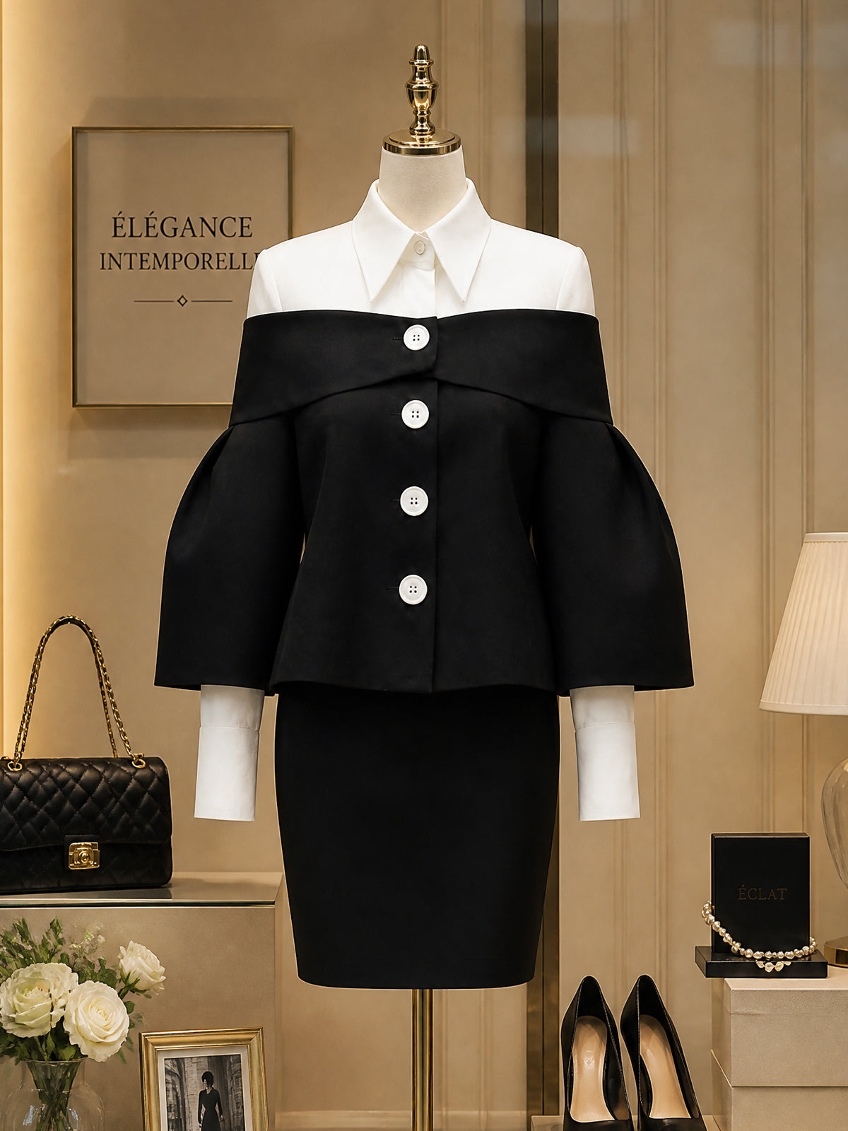 Vintage Black White Foldover-Collar Bell-Sleeve Button Jacket