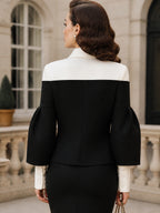 Vintage Black White Foldover-Collar Bell-Sleeve Button Jacket