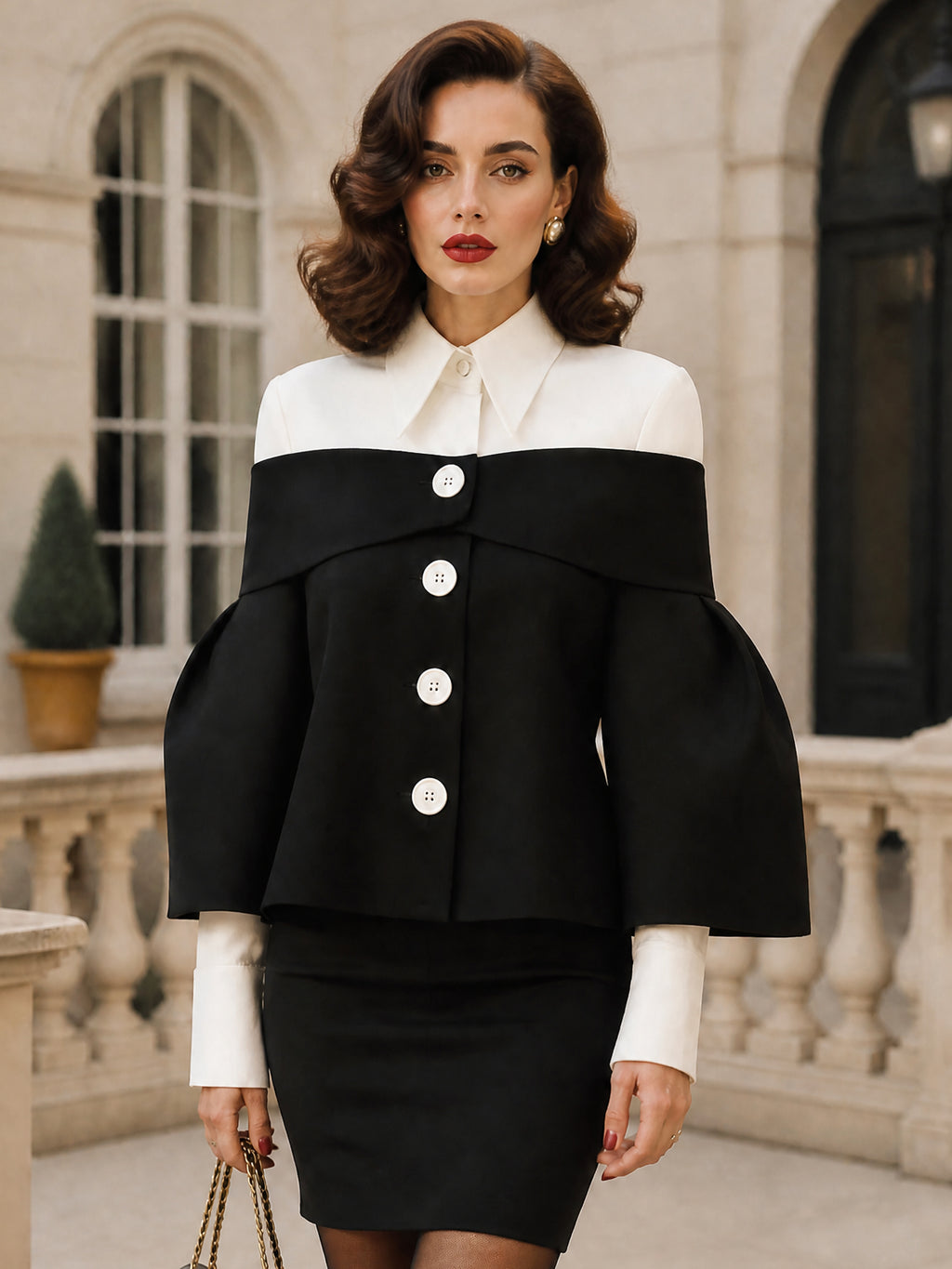 Vintage Black White Foldover-Collar Bell-Sleeve Button Jacket