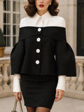 Vintage Black White Foldover-Collar Bell-Sleeve Button Jacket