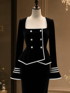 Vintage Black Double-Breasted Velvet Peplum Jacket