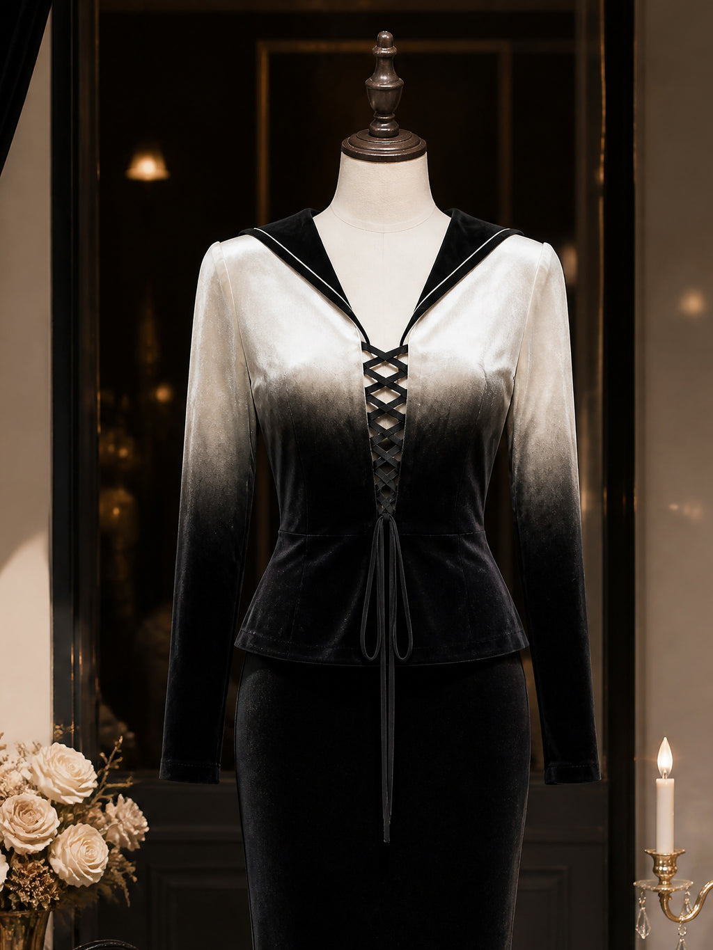 Vintage Ombre Velvet Sailor-Collar Lace-Up Blouse