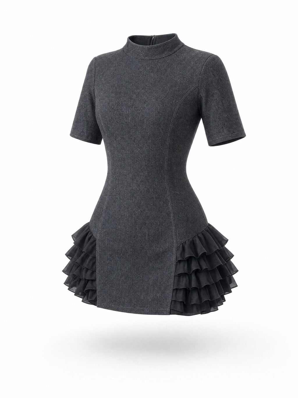Vintage Mock Neck Ruffle Hem Mini Dress