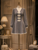 Vintage Grey Bow-Front Faux Suede A-Line Dress