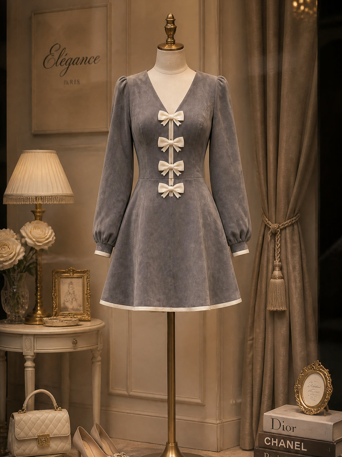 Vintage Grey Bow-Front Faux Suede A-Line Dress
