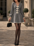 Vintage Grey Bow-Front Faux Suede A-Line Dress