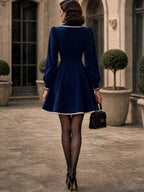 Vintage Navy Sailor-Collar Faux Suede A-Line Dress
