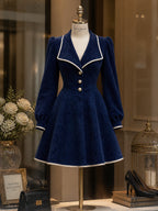 Vintage Navy Sailor-Collar Faux Suede A-Line Dress