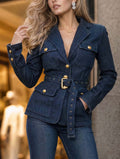 Vintage Belted Waist Denim Blazer Jacket