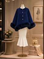Vintage Navy Faux-Fur Trim Pearl-Button Wool Coat