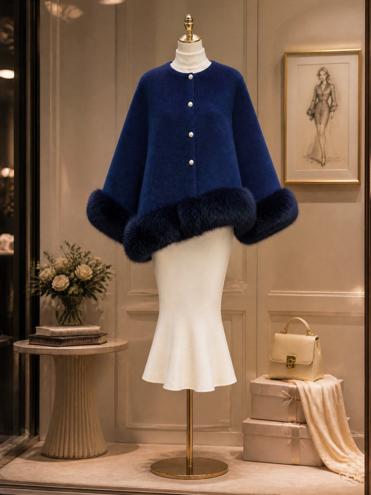 Vintage Navy Faux-Fur Trim Pearl-Button Wool Coat