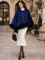 Vintage Navy Faux-Fur Trim Pearl-Button Wool Coat