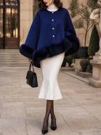 Vintage Navy Faux-Fur Trim Pearl-Button Wool Coat