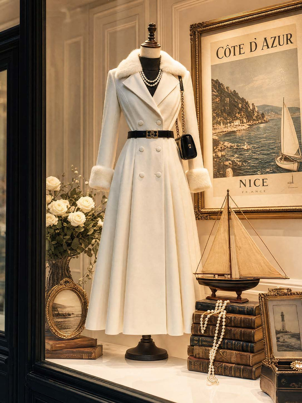 Vintage Faux Fur Collar Maxi Trench Coat
