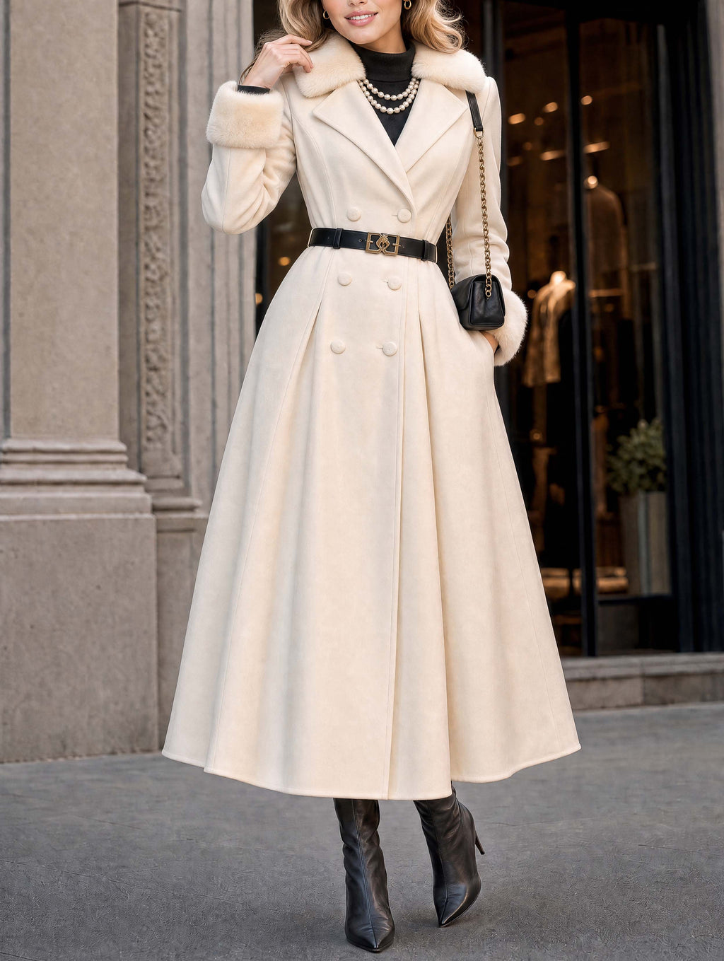 Vintage Faux Fur Collar Maxi Trench Coat