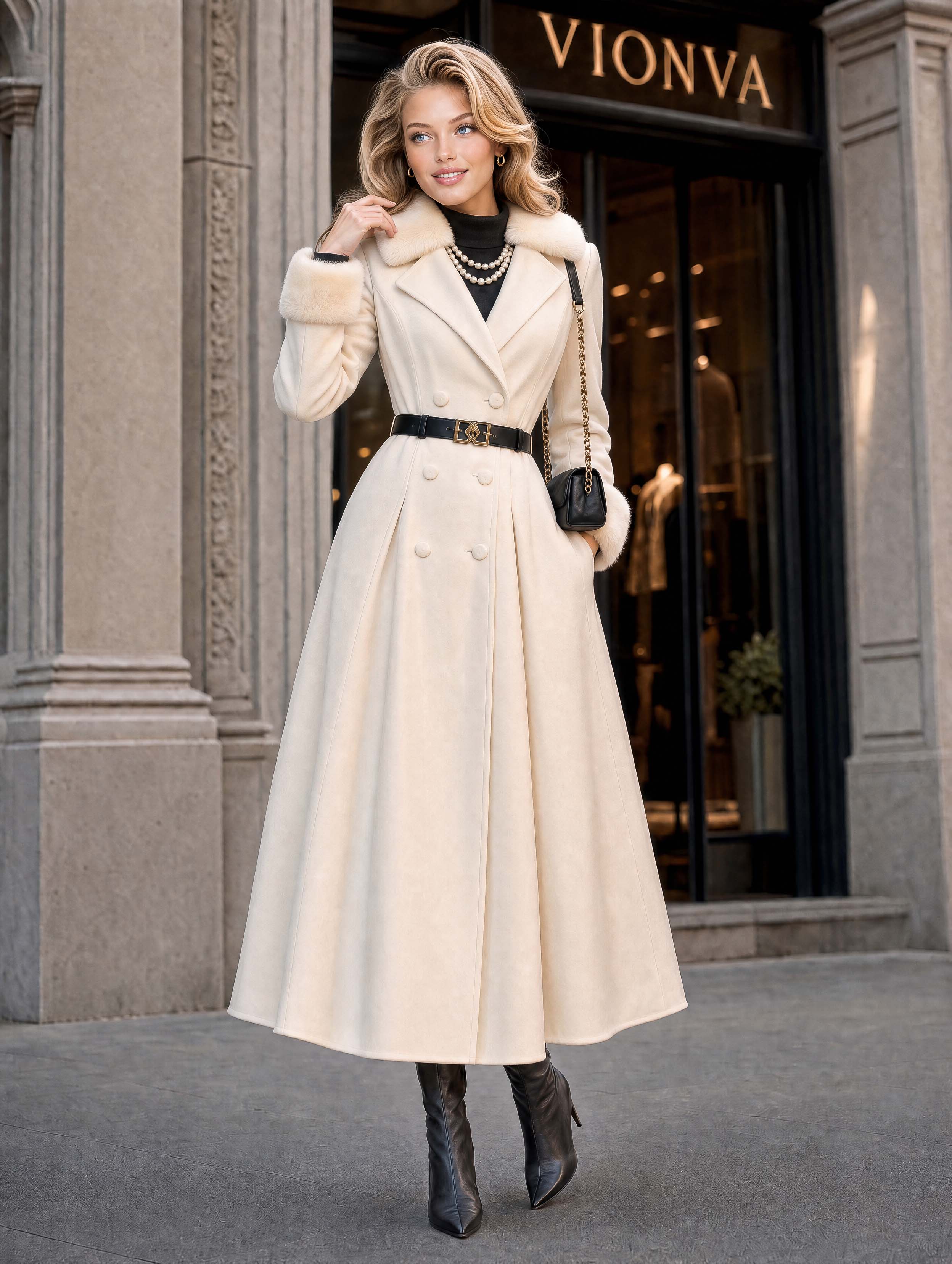 Vintage Faux Fur Collar Maxi Trench Coat