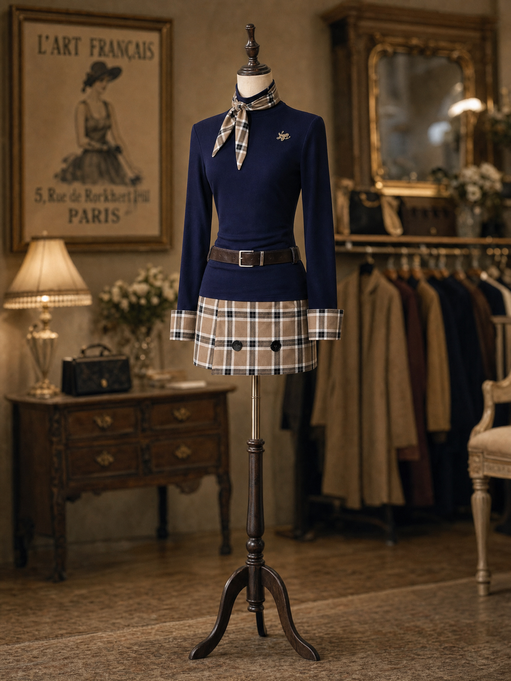 Vintage College Outfit Navy Mock Neck Top Plaid Mini Skirt Two‑Piece Set