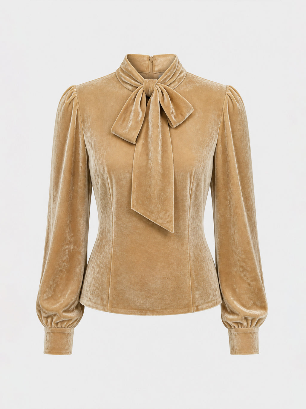 Vintage Camel Bow-Tie Neck Puff-Sleeve Velvet Blouse