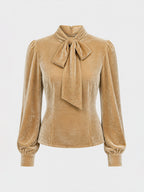 Vintage Camel Bow-Tie Neck Puff-Sleeve Velvet Blouse