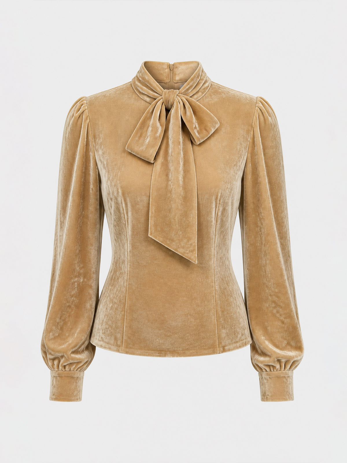 Vintage Camel Bow-Tie Neck Puff-Sleeve Velvet Blouse