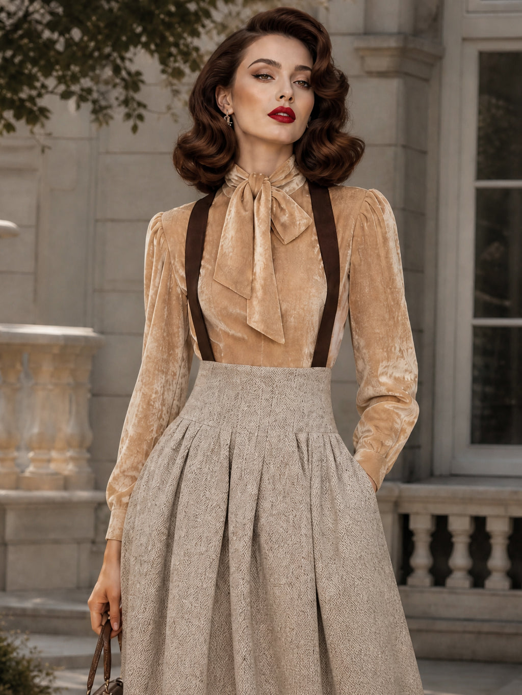 Vintage Camel Bow-Tie Neck Puff-Sleeve Velvet Blouse