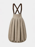 Vintage Beige High-Waist Suspender Bubble-Hem Midi Skirt