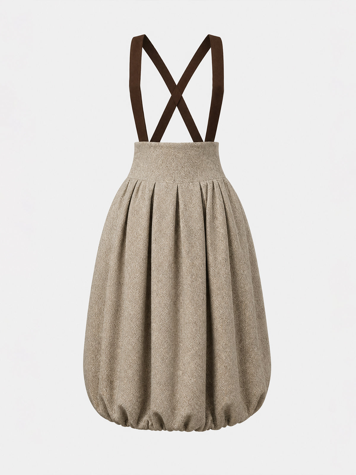 Vintage Beige High-Waist Suspender Bubble-Hem Midi Skirt