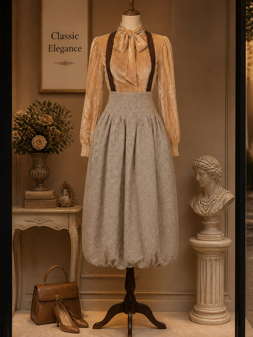 Vintage Beige High-Waist Suspender Bubble-Hem Midi Skirt