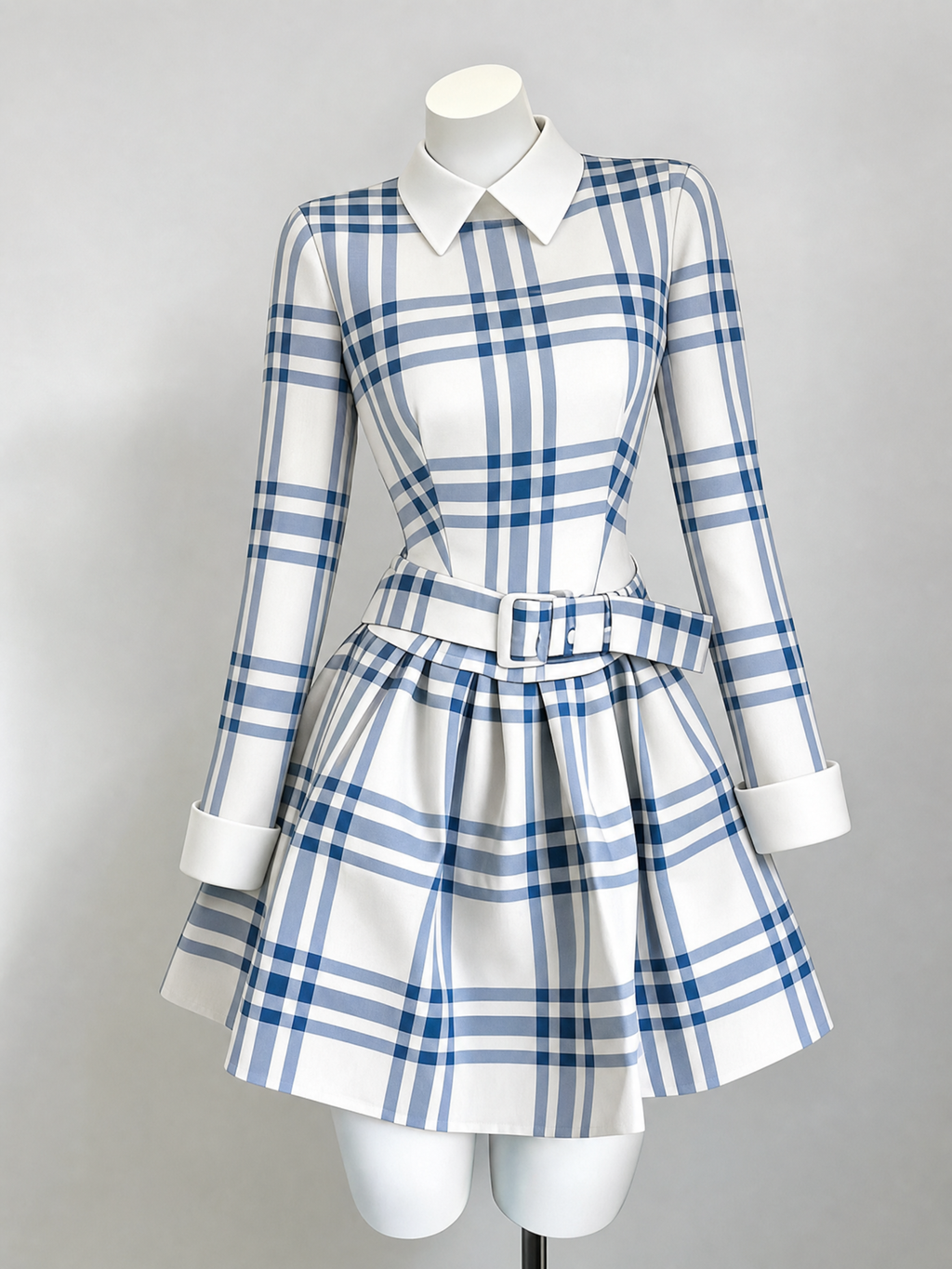 Vintage Plaid Collared Mini Dress Long Sleeve Belted Pleated A‑Line Mini Dress