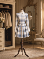 Vintage Plaid Collared Mini Dress Long Sleeve Belted Pleated A‑Line Mini Dress