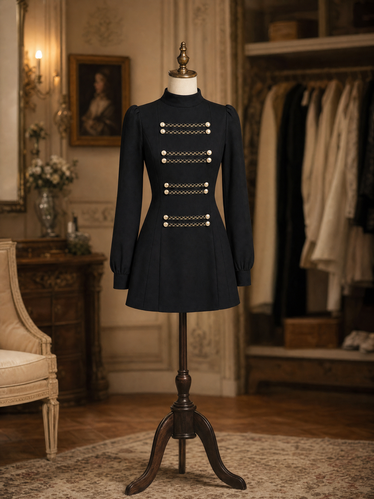 Vintage Military‑Style High Neck Gold Button Long Sleeve A‑Line Mini Dress