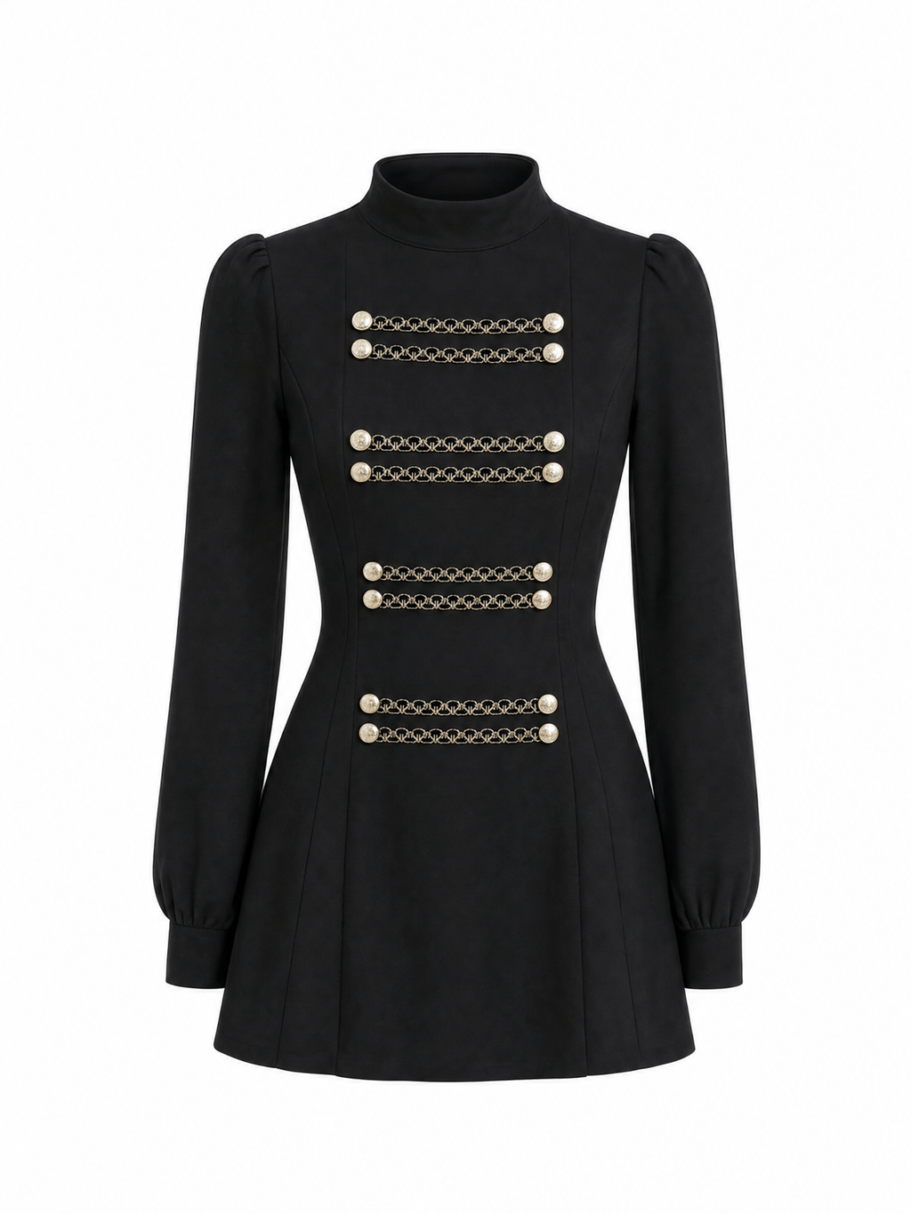 Vintage Military‑Style High Neck Gold Button Long Sleeve A‑Line Mini Dress
