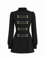 Vintage Military‑Style High Neck Gold Button Long Sleeve A‑Line Mini Dress