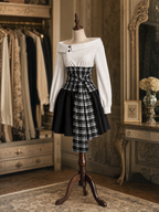 Vintage Contrast Plaid Waist Dress Off‑Shoulder Long Sleeve A‑Line Mini Dress