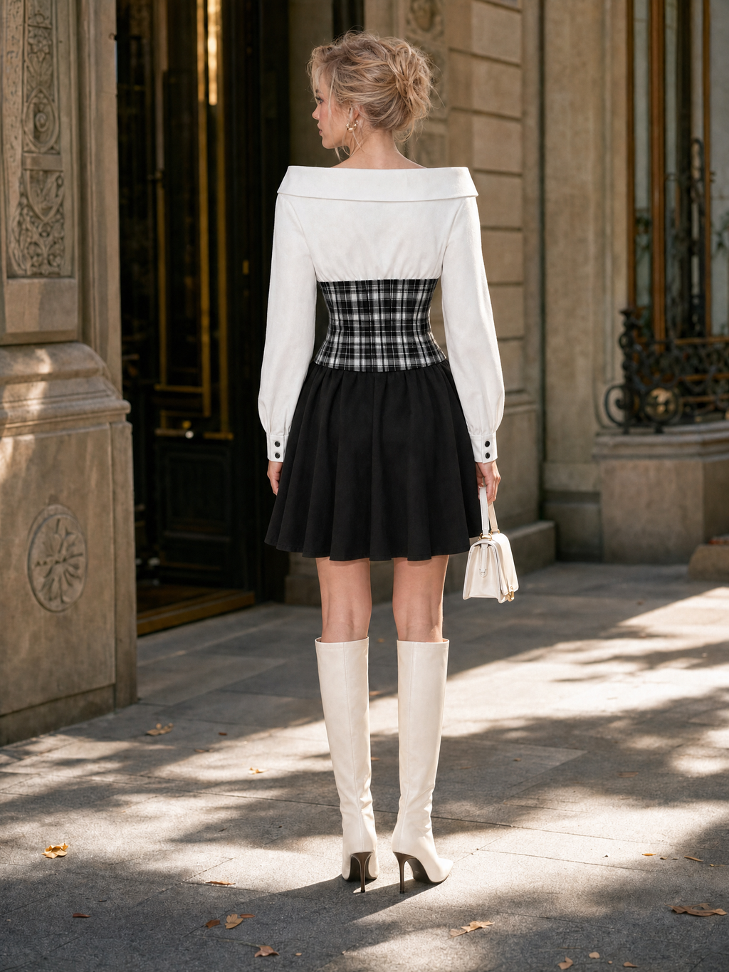 Vintage Contrast Plaid Waist Dress Off‑Shoulder Long Sleeve A‑Line Mini Dress
