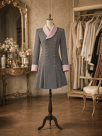 Vintage Grey Contrast Pink Lapel Double Breasted Long Sleeve Mini Dress
