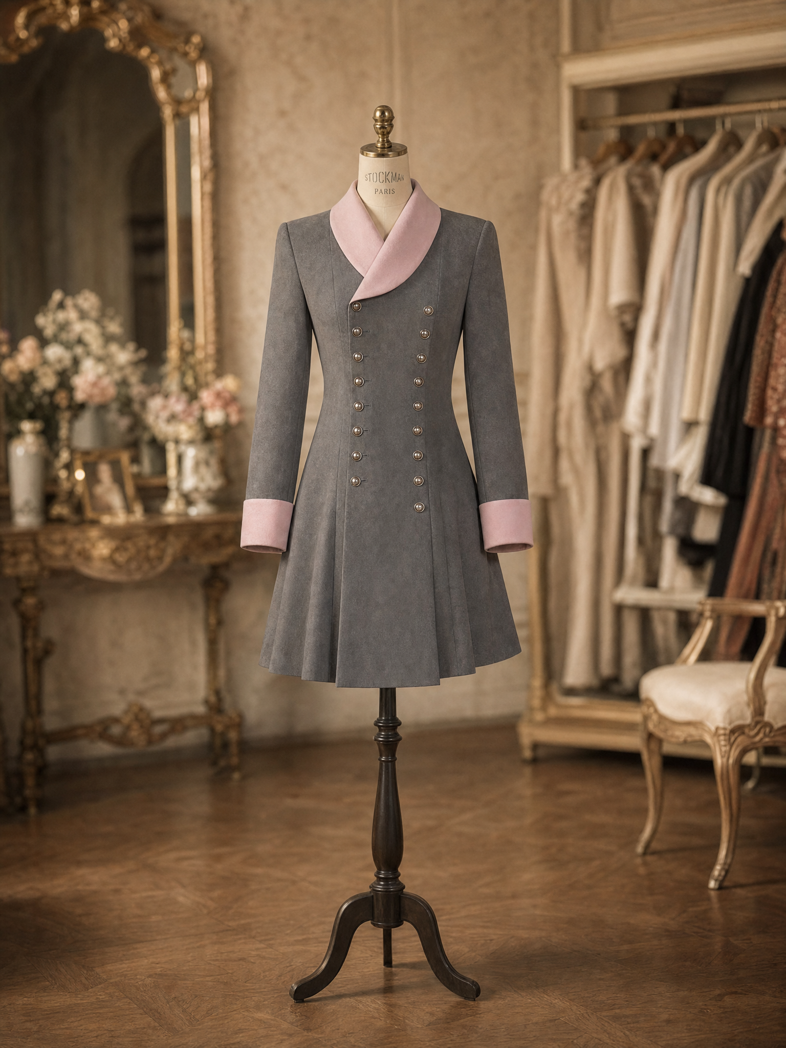 Vintage Grey Contrast Pink Lapel Double Breasted Long Sleeve Mini Dress