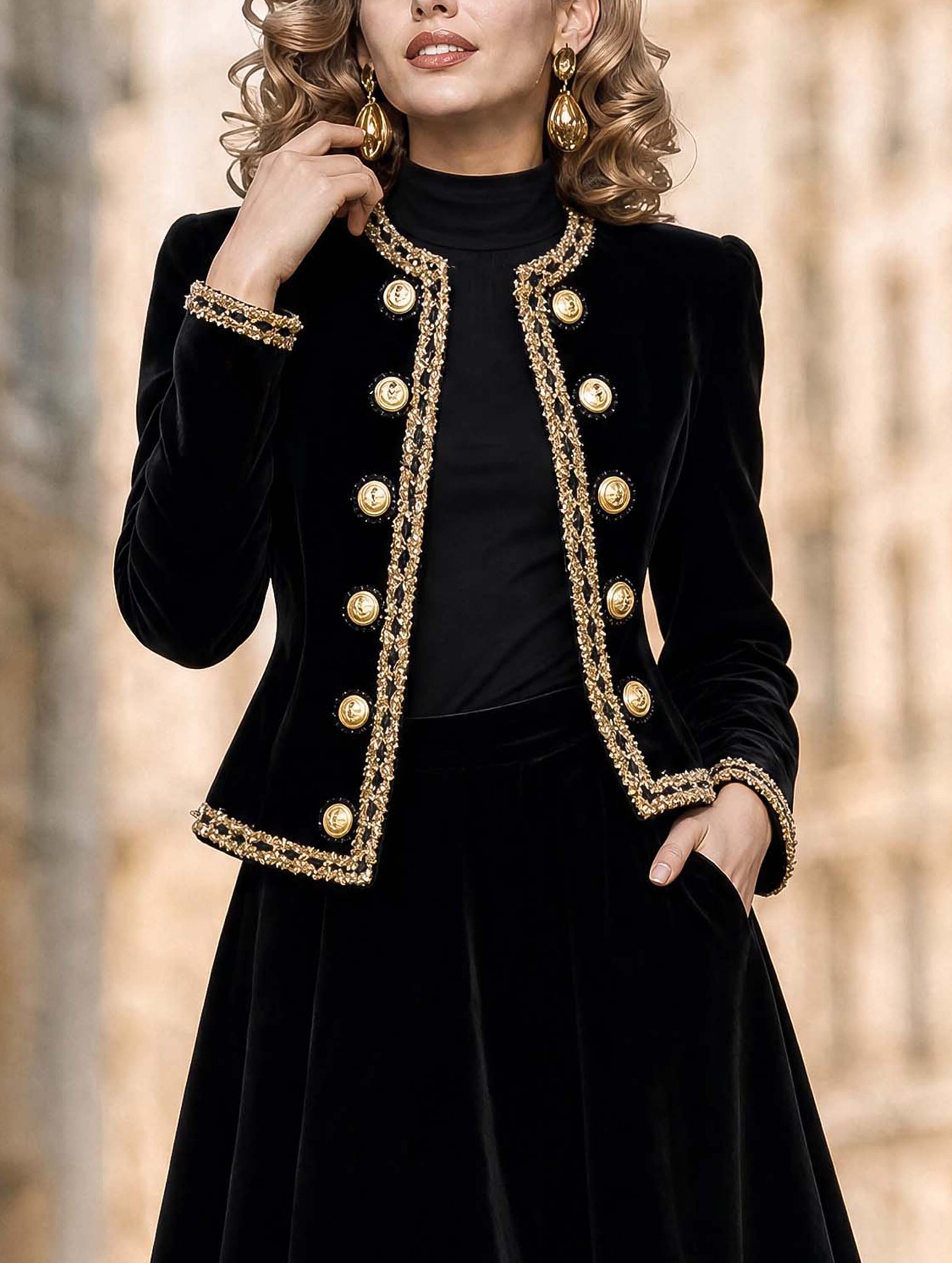 Vintage Gold‑Trim Velvet Cropped Jacket