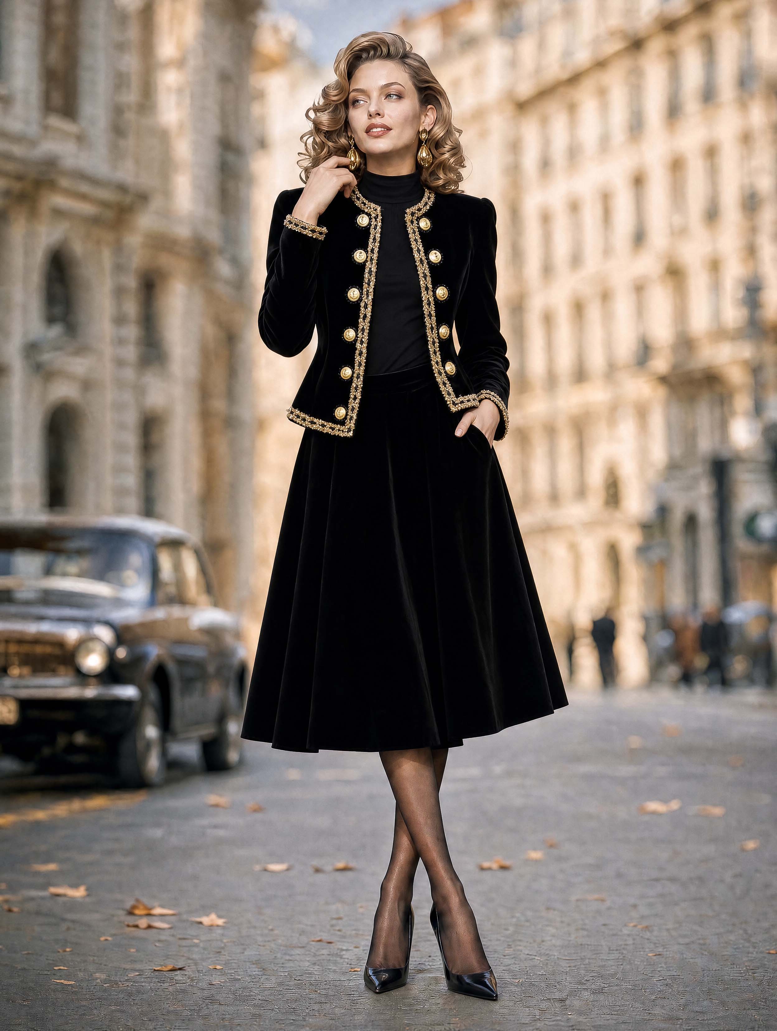 Vintage Gold‑Trim Velvet Cropped Jacket