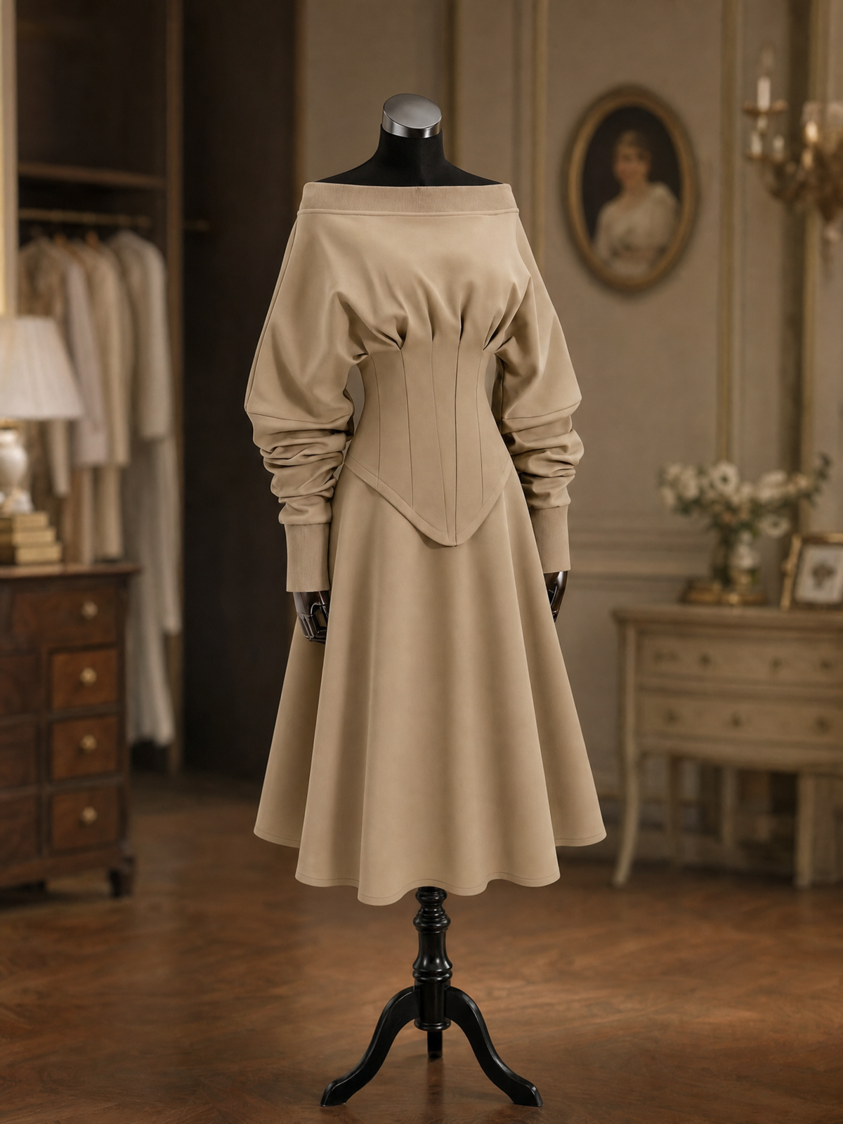 Vintage Bardot Neck Corset Dress Long Sleeve Fit Flare Midi Dress