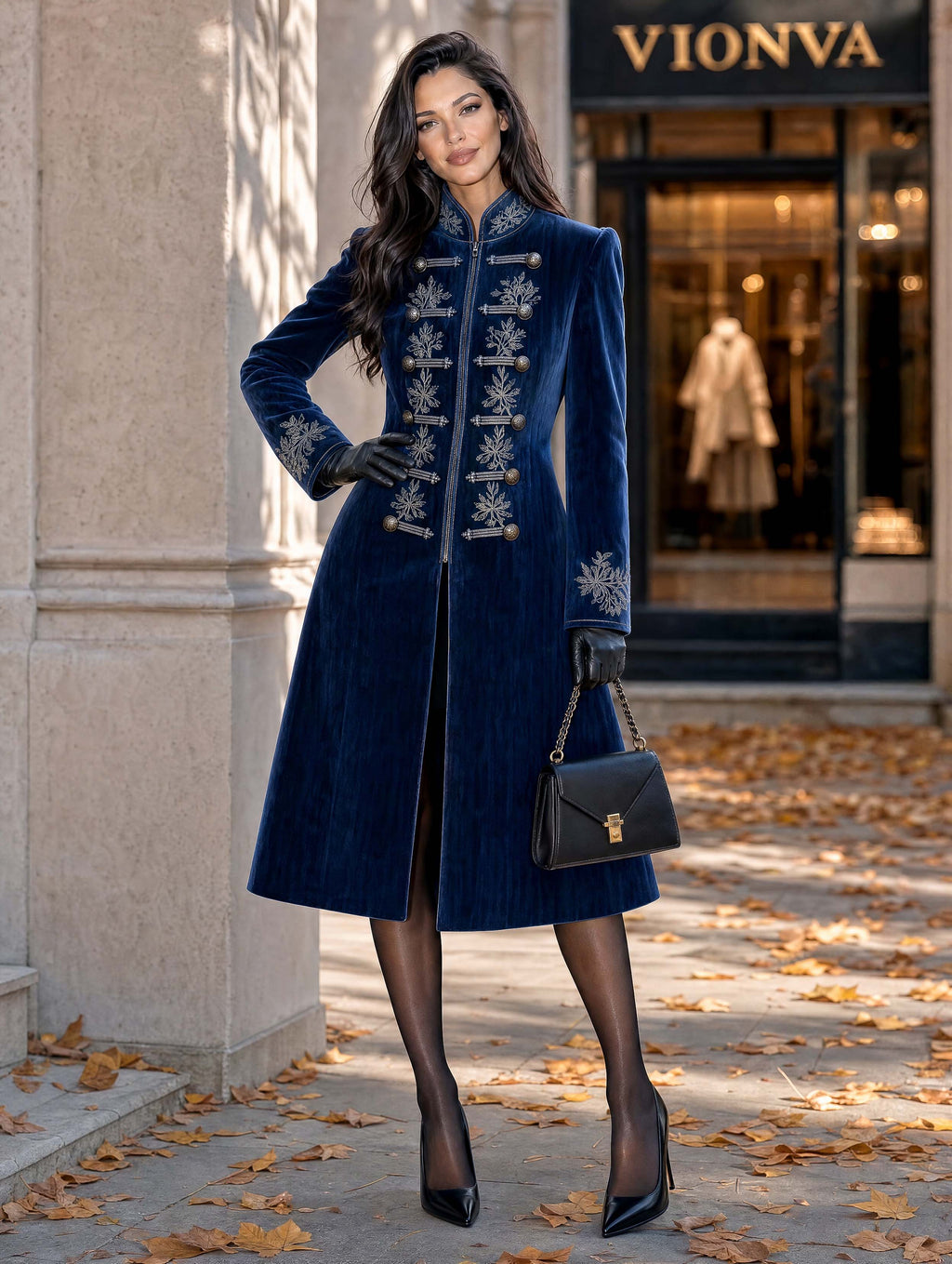 Vintage Military Embroidered Velvet Stand‑Collar Midi Coat
