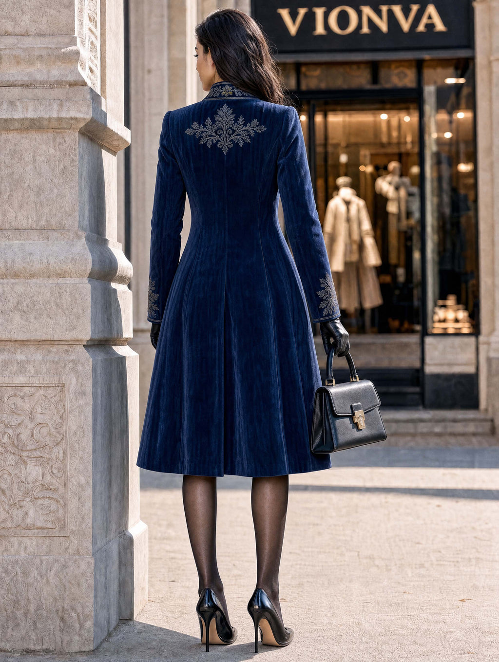 Vintage Military Embroidered Velvet Stand‑Collar Midi Coat