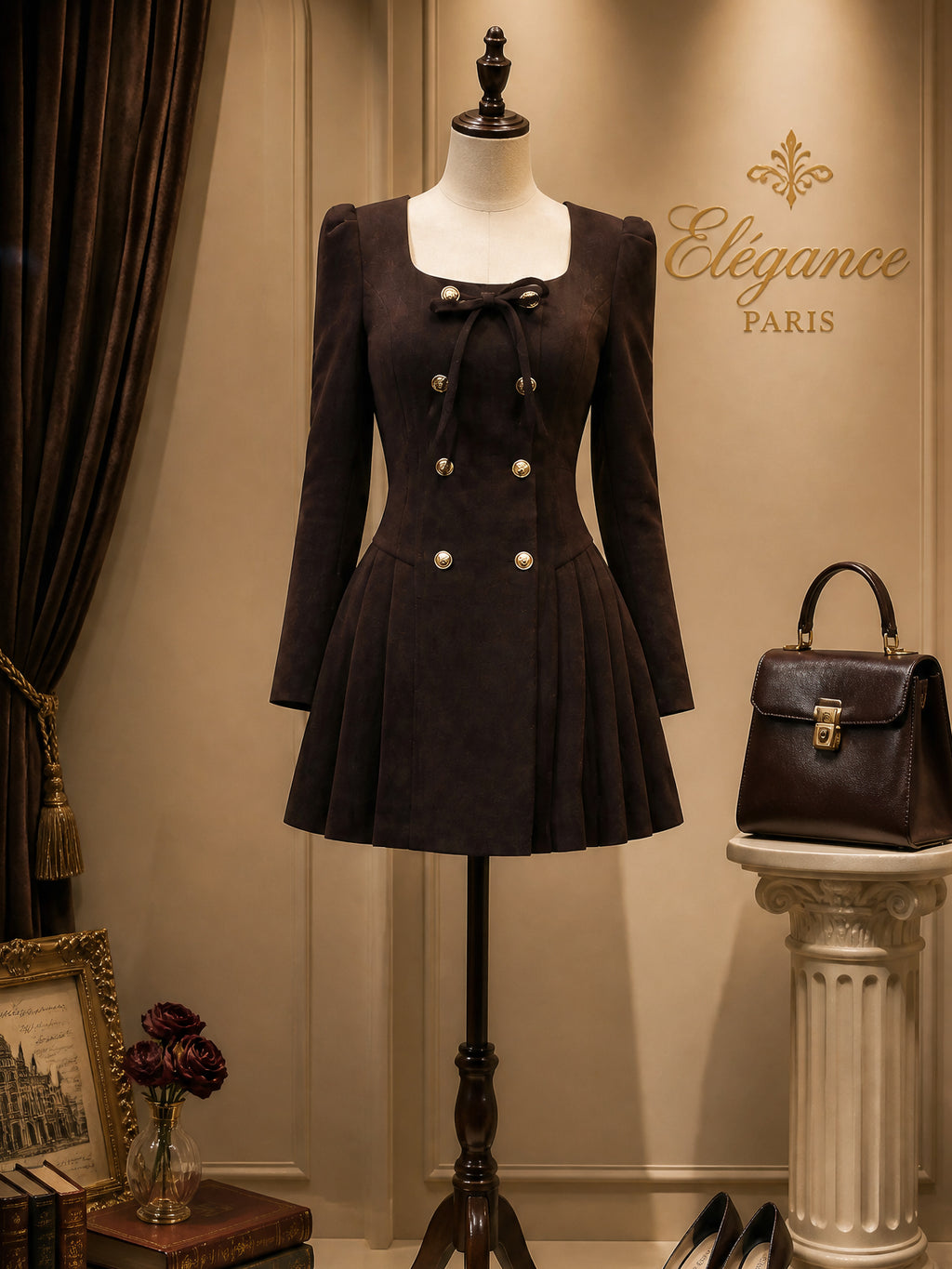 Vintage Brown Gold-Button Faux Suede Pleated A-Line Dress