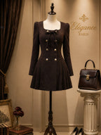 Vintage Brown Gold-Button Faux Suede Pleated A-Line Dress