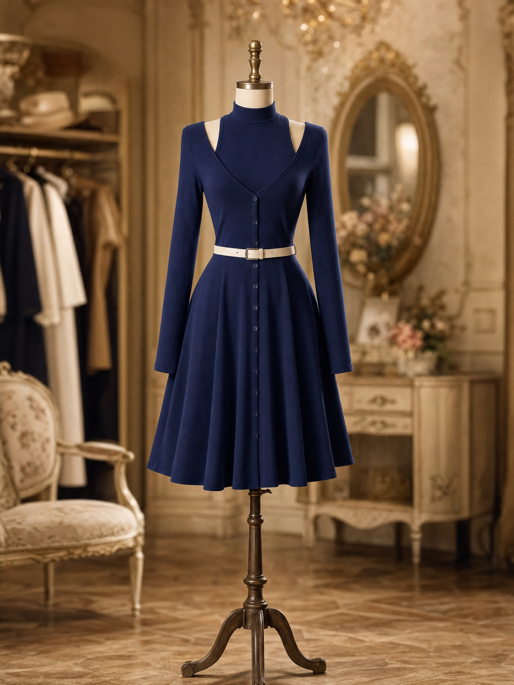 Vintage Navy Mock Neck Cutout Long Sleeve Button Front Midi Dress