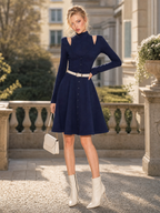 Vintage Navy Mock Neck Cutout Long Sleeve Button Front Midi Dress